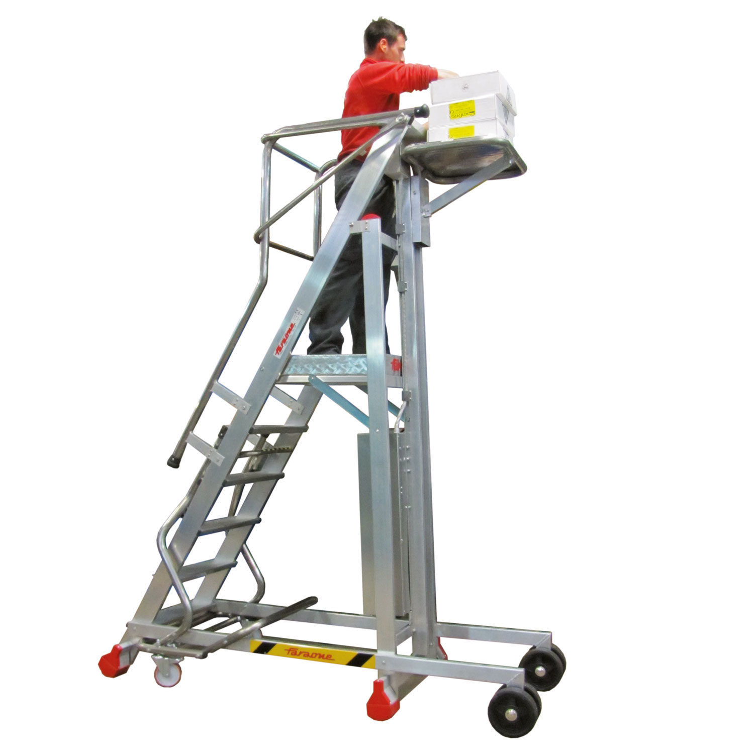ESCALERA CON PLATAFORMA Y PLANO DE CARGA ELÉCTRICO. 10 PELDAÑOS.
