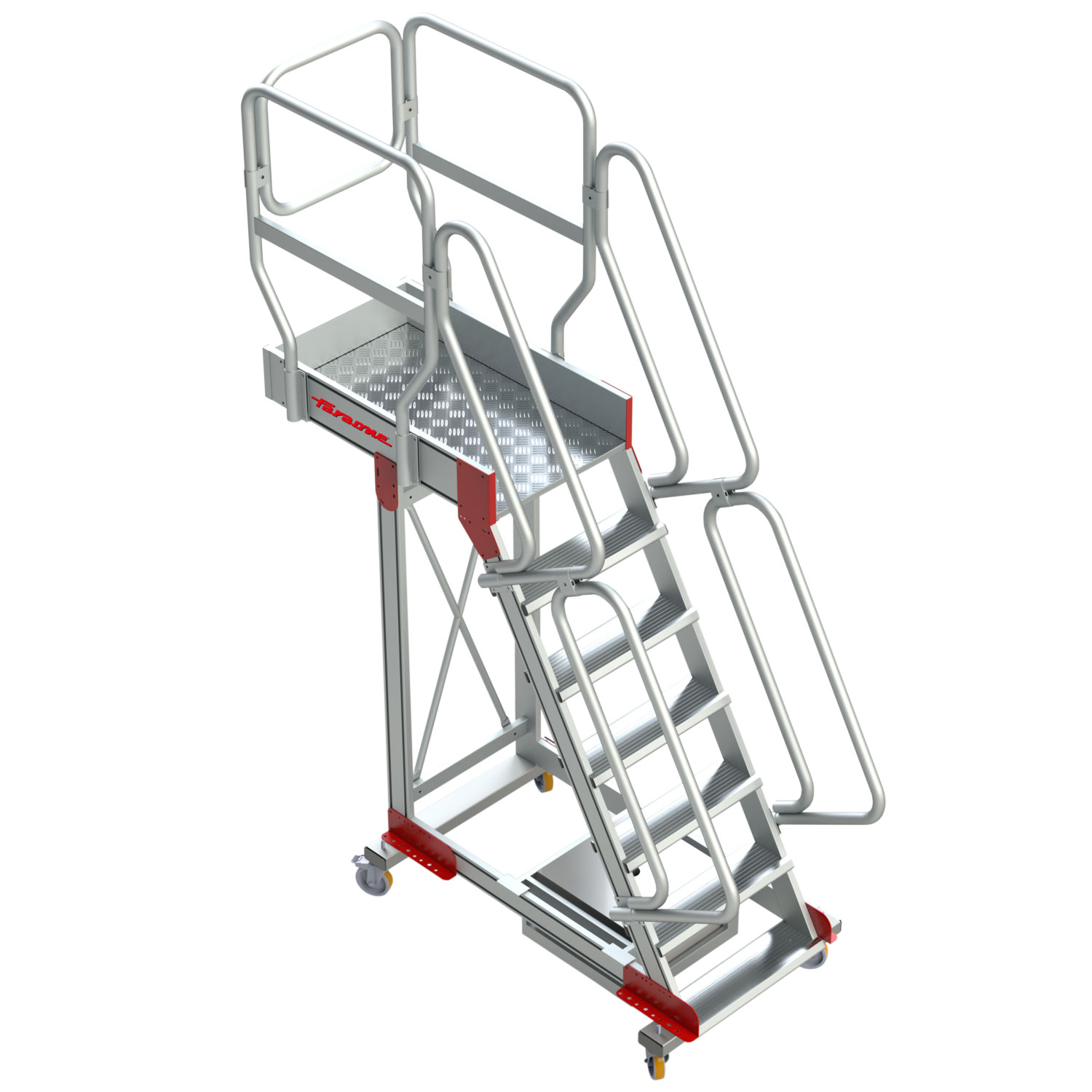 ESCALERA DE 6 PELDAÑOS CON PLATAFORMA, VOLADIZO Y BASE CON RUEDAS (60º INCLINACIÓN)