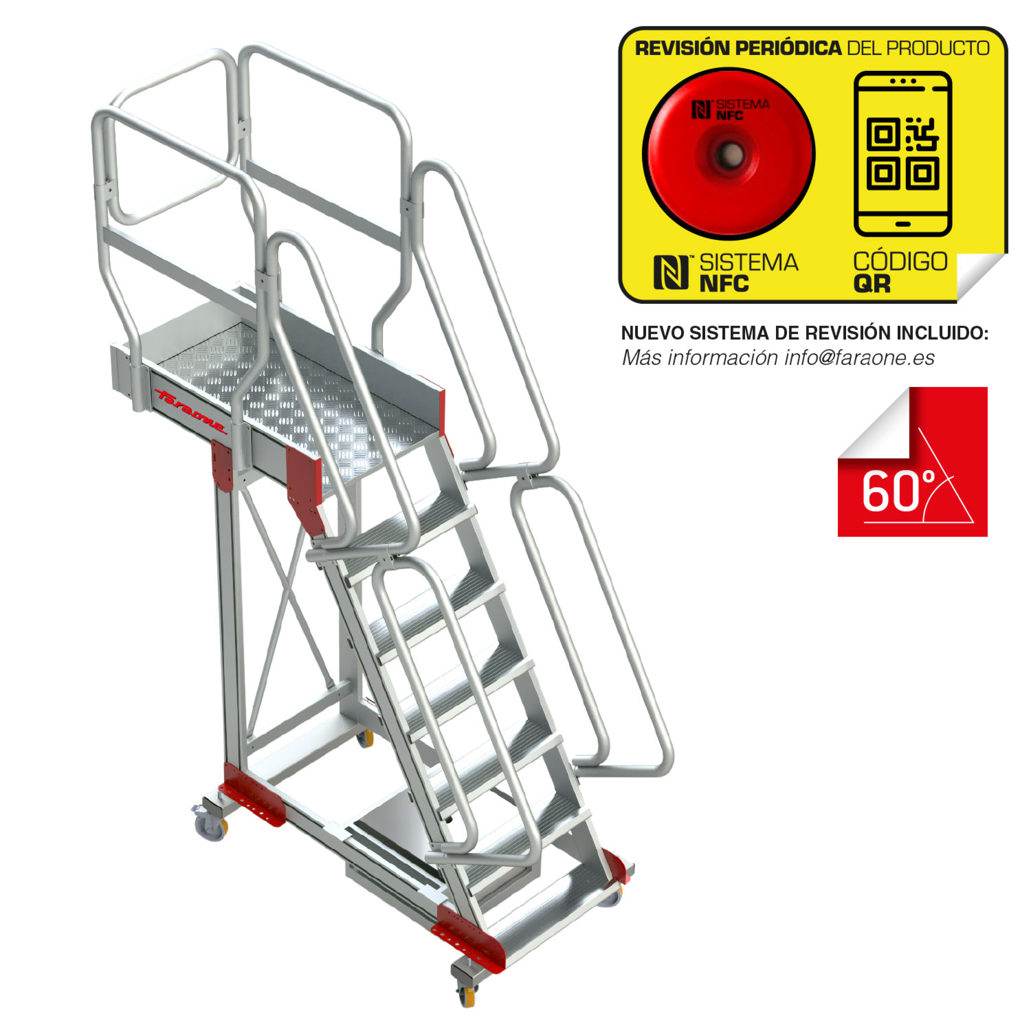 ESCALERA DE 6 PELDAÑOS CON PLATAFORMA, VOLADIZO Y BASE CON RUEDAS (60º INCLINACIÓN) - Image 5